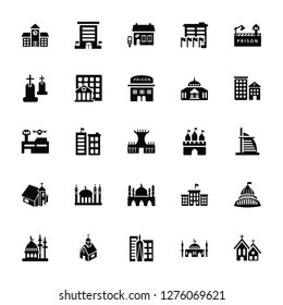 Vector Illustration Of 25 Icons. Editable Pack School, Mosque, Trade Center, Church, Police Station, Castle, Christian Cemetery, Post Office, Embassy