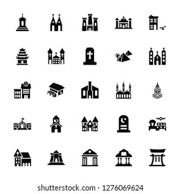 Vector Illustration Of 25 Icons. Editable Pack Buddist Cemetery, Library, Museum, Buddhist Temple, Church, Mosque, Synagogue, White House, Pagoda, Castle, Church