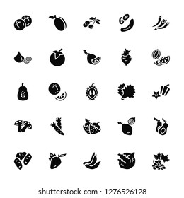 Vector Illustration Of 25 Icons. Editable Pack Tomato, Cabbage, Banana, Mango, Potato, Melon, Lettuce, Strawberry, Mushroom, Onion, Cherry, Plum
