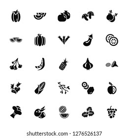 Vector Illustration Of 25 Icons. Editable Pack Bell pepper, Lettuce, Watermelon, Coconut, Broccoli, Orange, Garlic, Berries, Radish, Grenade, Melon