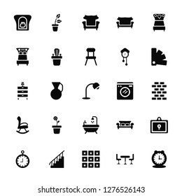 Vector Illustration Of 25 Icons. Editable Pack Fireplace, Dinner table, Tiles, Stairs, Wall clock, Pantone, Washing machine, Bathtub, Rocking chair, Double bed, Armchair, Plant