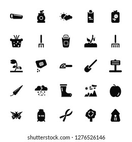 Vector Illustration Of 25 Icons. Editable Pack Saw, Trees, Scissors, Fertilizer, Butterflies, Rak, Shovel, Boot, Carrot, Plant, Cloudy, Sprayer