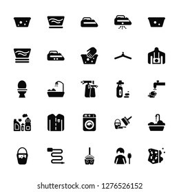 Vector Illustration Of 25 Icons. Editable Pack Washing, Cleaner, Mop, Hose, Bucket, Uniform, Soap, Washing machine, Bleach, Delicate, Ironing, 