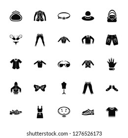 Vector Illustration Of 25 Icons. Editable Pack Purse, Sneaker, Jewelry Set, Cocktail Dress, Leather Derby Shoe, Chino Shorts, Oxford Wave Blazer, Mannequin, Hooded Jacket