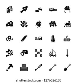 Vector Illustration Of 25 Icons. Editable Pack, Inclined Shovel, Screwdriver, Big Closet, Hammer, Bulldozer, Building, Tile, Brickwall, Tank truck, Contract, Trowel