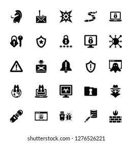 Vector Illustration Of 25 Icons. Editable Pack Trojan, Code injection, Malware, Pendrive, Virus, Alert, Stalking, Key, Fishing