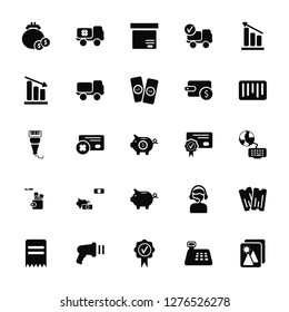 Vector Illustration Of 25 Icons. Editable Pack Purse, Cash register, Quality, Barcode scanner, Invoice, Barcode, Cit card, Piggy bank, Wallet, Loss, Box, Delivery truck