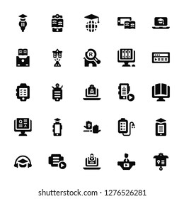 Vector Illustration Of 25 Icons. Editable Pack Idea, Study, Elearning, Tutorial, Headphones, Website, Video player, Hands, Question, Book, Worldwide, Ebook