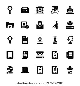 Vector Illustration Of 25 Icons. Editable Pack Loupe, Digital book, Video player, Blackboard, Global learning, Bookmark, Learning, Glasses, Schedule, Folder, School, Notes