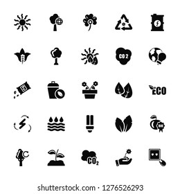 Vector Illustration Of 25 Icons. Editable Pack Sun, Sprout, Co2, Leaf, Ecology, Worldwide, Leaves, Light bulb, Bolt, Shamrock, Worldwide