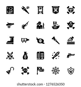 Vector Illustration Of 25 Icons. Editable Pack Bandit, Rudder, Flag, Skull, Hook, Wooden leg, Scroll, Dagger, Artillery, Guillotine, Torch