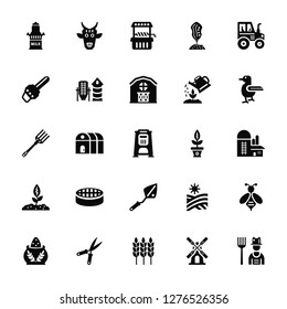 Vector Illustration Of 25 Icons. Editable Pack Milk, Wind Mill, Wheat, Shears, Sack, Duck, Plant, Trowel, Growing Chainsaw, Well, Cow