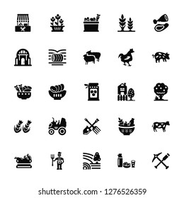 Vector Illustration Of 25 Icons. Editable Pack Market, Milk Products, Field, Farmer, Harvest, Pig, Farm, Farm Tools, Rye, house, Vegetables, Flowers