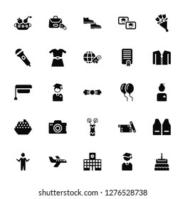 Vector Illustration Of 25 Icons. Editable Pack Cake, Graduated, University, Airplane, Teacher, Suit, Balloons, Flowers, Cruise, Microphone, Shoes, Backpack
