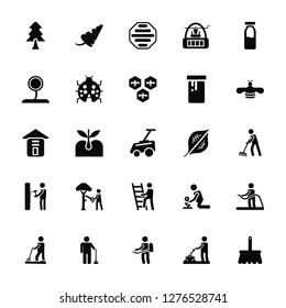 Vector Illustration Of 25 Icons. Editable Pack Tree, Gardener, Spraying, Brooming, Dig, Bee, Leaf, Ladder, Hammering, Sunflower, Beehive, Carrot