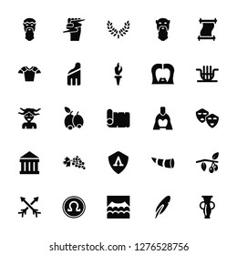 Vector Illustration Of 25 Icons. Editable Pack Aristotle, Quill, Theater, Omega, Arrow, Lyre, Helmet, Shield, Parthenon, Armor, Laurel, Zeus