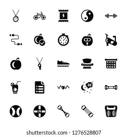 Vector Illustration Of 25 Icons. Editable Pack Training Watch, Chest Expanders, Expander, Iron Shoot, Power Ball, Stationary Bike, Diet, Heart, Vegetables Juice, Skip Rope, Energy Snack, Bike