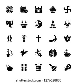 Vector Illustration Of 25 Icons. Editable Pack Chakra, Bell, Bucket, Dung, Pot, Cow, Peacock, Confetti, Hookah, Elephant, Taj mahal, Calendar