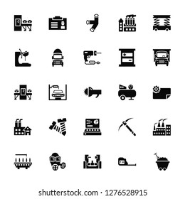 Vector Illustration Of 25 Icons. Editable Pack Conveyor, Measure, Factory, Gas mask, Cargo truck, Compressor, Control panel, Drill, Pipe, Id card