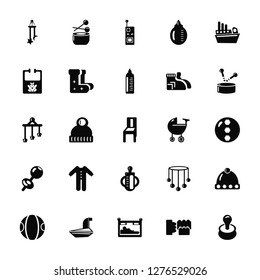 Vector Illustration Of 25 Icons. Editable Pack Rattle, Blocks, Crib, Sailboat, Ball, Drum, Baby stroller, Feeder, Bib, Controller, Drum