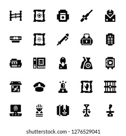 Vector Illustration Of 25 Icons. Editable Pack Police line, Libra, Documents, Prisoner, Fingerprint, Paper, Money, Siren, Knife, Scroll, Shield, Defense