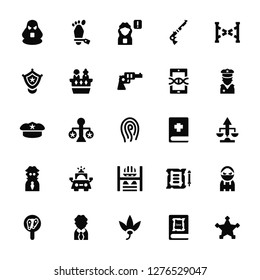 Vector Illustration Of 25 Icons. Editable Pack Balaclava, Law book, Marijuana, Lawyer, Footprints, Policeman, Bible, Prisoner, Detective, Police badge, Witness, Corpse