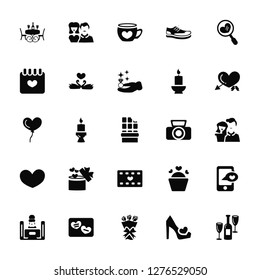 Vector Illustration Of 25 Icons. Editable Pack Date, High heels, Bouquet, Note, Tv watching, Love arrow, Take a photo, Romantic movie, Love, Coffee, Couple