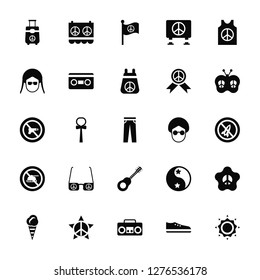 Vector Illustration Of 25 Icons. Editable Pack Suitcase, Shoe, Boombox, Pacifism, Ice cream, Butterfly, Hippie, Guitar, Peace, Peace