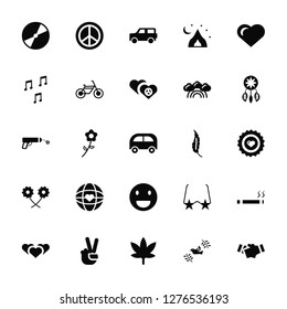 Vector Illustration Of 25 Icons. Editable Pack Vinyl, Dove, Cannabis, Victory, Love, Dreamcatcher, Feather, Happy, Flower, Quaver, Car, Pacifism