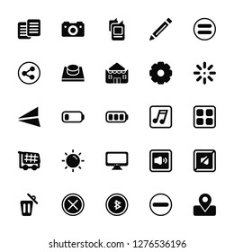 Vector Illustration Of 25 Icons. Editable Pack Text, Subtraction, Share, Empty, Eliminar, Birghtness, Music Note, Screen, Shopping Cart, Tag, Photo Camera