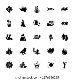Vector Illustration Of 25 Icons. Editable Pack Maple leaf, Sun, Grow plant, Stones, Flower, Hemp, Pine tree, Forest, Crab, Rabbit, Clouds