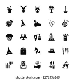 Vector Illustration Of 25 Icons. Editable Pack Magician, Champagne, Whistle, Celebration, Equalizer, Mirror ball, Birthday cake, Balloons, Party hat, Pizza, King, Clown