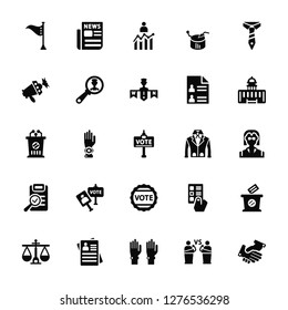 Vector Illustration Of 25 Icons. Editable Pack Flag, Debate, Statistics, Leaflet, Balance, Capitol, Suit, Badge, Checking, Megaphone, Bar chart, Newspaper