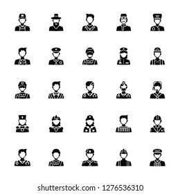 Vector Illustration Of 25 Icons. Editable Pack Delivery man, Builder, Soldier, Doctor, Miner, Dentist, Policewoman, Photographer, Businessman, Rabbi