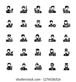 Vector Illustration Of 25 Icons. Editable Pack Makeup artist, Businessman, Stewardess, Office worker, Singer, Mathematician, Electrician, Painter, Florist, Farmer, Worker, Militar