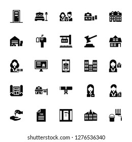 Vector Illustration Of 25 Icons. Editable Pack Door, Office building, Shower, Taxes, Mortgage, House, Building, Certification, print, Warehouse, Family, Bedroom