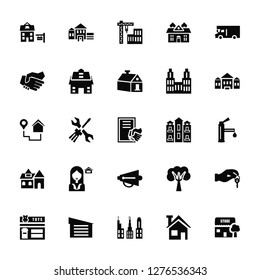 Vector Illustration Of 25 Icons. Editable Pack For rent, House, Buildings, Garage, Shop, Apartment, Megaphone, Villa, Deal, Construction, House