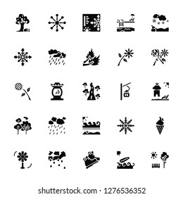 Vector Illustration Of 25 Icons. Editable Pack Apple tree, Surfboard, Boots, Rain, Fan, Flower, Cable car cabin, Summer, Trees, Snowflake, Thermometer, Snowflake