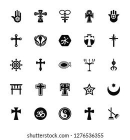 Vector Illustration Of 25 Icons. Editable Pack Jainism, Catholicism, Yin Yang, Om, Cross, Christianity, Judaism, Shinto, Satanic Church, Orthodox