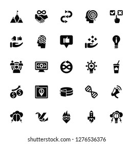 Vector Illustration Of 25 Icons. Editable Pack Overcome, Startup, Passion, Origami, Brainstorm, Focus, Innovation, Pie chart, Profits, Reaction, Procedure, Partnership