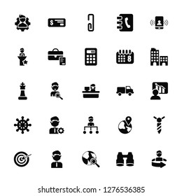 Vector Illustration Of 25 Icons. Editable Pack Man, Binoculars, Worldwide, Businessman, Target, Building, Delivery truck, Head, Steering wheel, Best, Clip, Check