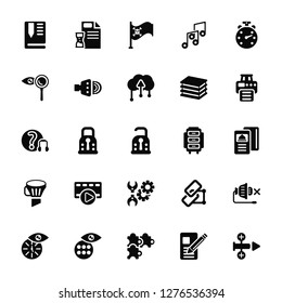 Vector Illustration Of 25 Icons. Editable Pack Bookmark, Pencil, Puzzle, More, Wall clock, Printer, Cabinet, Wrench, Funnel, Search, Flag, History