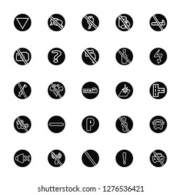 Vector Illustration Of 25 Icons. Editable Pack Yield, Warning, Prohibition, No wifi, sound, High voltage, Laser, Parking, drugs, photo, plug, chatting