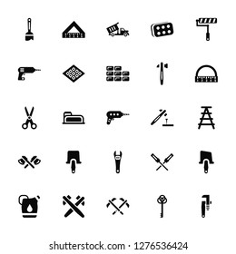 Vector Illustration Of 25 Icons. Editable Pack Paint brush, Antique Key, Gardening Digger, Hammer, Gallon Oil, Protractor, Hammer and Nail, Repair Wrench, Ax, Driller, Dumper, Set square