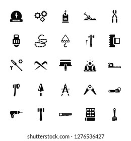 Vector Illustration Of 25 Icons. Editable Pack Warning, Wallpaper, Saw, Hammer, Drilling machine, Trowel, Helmet, Compass, Axe, Gas, Gear