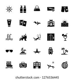 Vector Illustration Of 25 Icons. Editable Pack Helm, Sunbed, Hotel, Luggage, Cruise, Sunset, Elevator, Airplane, Sunglasses, Sun protection, Bag, Oxygen tank