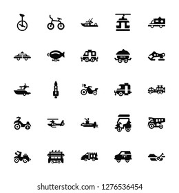 Vector Illustration Of 25 Icons. Editable Pack Unicycle, Van, Tram, Motorcycle, Snowmobile, Caravan, Submarine, Police car, Boat, Bicycle