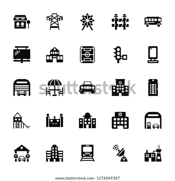 Vector Illustration Of 25\
Icons. Editable Pack Bus stop, Antenna, Subway, Building, Parking,\
Lightbox, Hospital, City hall, Slide, Billboard, Ferris wheel,\
Electric tower