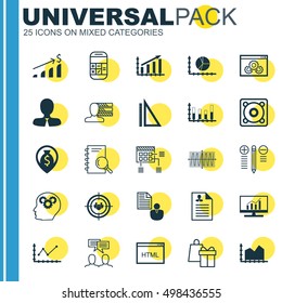 Vector Illustration Of 25 Universal Editable Icons For Statistics, SEO, Education. Icons Set Including Brain Process, Changes Graph, Manager And More .