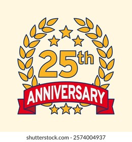 Vector illustration of 25th or 25 years anniversary logo featuring a laurel wreath, stars, and ribbon. Perfect for marking milestones, achievements, special events with an elegant and timeless desi